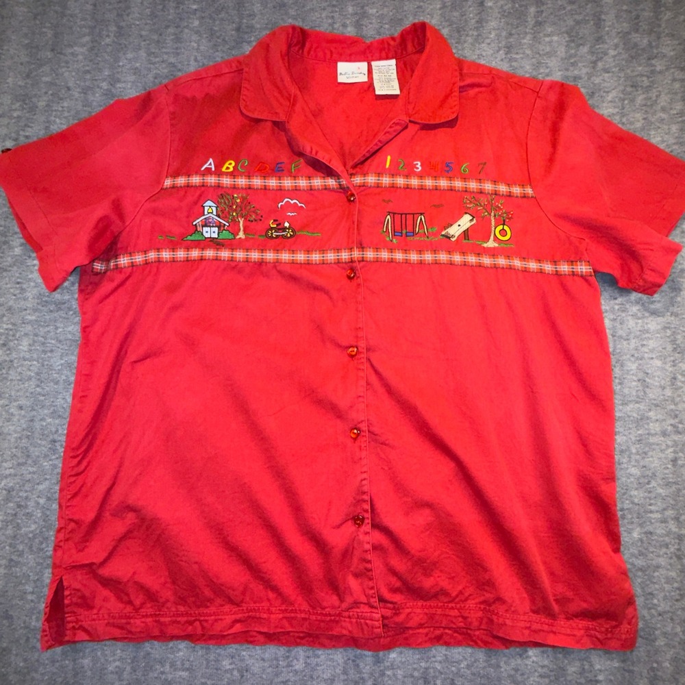Bobbie Brooks Red School Embroidered Button Down Shirt 22W 24W Cotton Plus Size